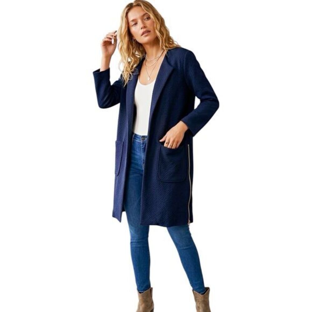 Harlowe & Graham Open Blazer Jacket Sz XS Blue Sides Zipper Seersucker Textured